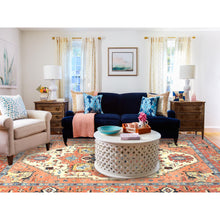 Load image into Gallery viewer, 8&#39;9&quot;x11&#39;8&quot; Pastel Orange, Afghan Peshawar with Serapi Heriz Medallion Design Vegetable Dyes, Natural Wool Hand Knotted, Oriental Rug FWR497256