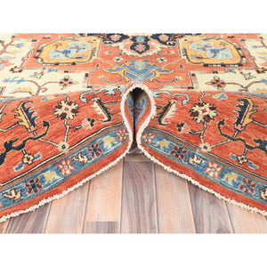 8'9"x11'8" Pastel Orange, Afghan Peshawar with Serapi Heriz Medallion Design Vegetable Dyes, Natural Wool Hand Knotted, Oriental Rug FWR497256