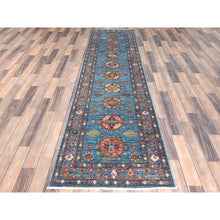Load image into Gallery viewer, 2&#39;7&quot;x9&#39;9&quot; Steel Blue, Afghan Super Kazak With Large Medallions, Natural Dyes, Dense Weave, Extra Soft Wool, Hand Knotted, Runner Oriental Rug FWR497358