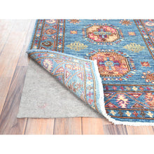 Load image into Gallery viewer, 2&#39;7&quot;x9&#39;9&quot; Steel Blue, Afghan Super Kazak With Large Medallions, Natural Dyes, Dense Weave, Extra Soft Wool, Hand Knotted, Runner Oriental Rug FWR497358