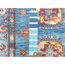 Load image into Gallery viewer, 2&#39;7&quot;x9&#39;9&quot; Steel Blue, Afghan Super Kazak With Large Medallions, Natural Dyes, Dense Weave, Extra Soft Wool, Hand Knotted, Runner Oriental Rug FWR497358