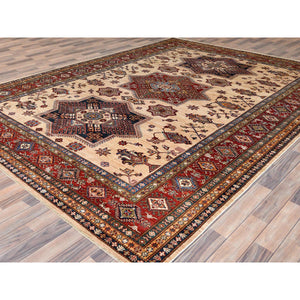 8'10"x11'9" Cream, Afghan Super Kazak With Large Medallions, Natural Dyes, Dense Weave, Extra Soft Wool, Hand Knotted, Oriental Rug FWR497394