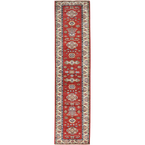 2'10"x11'7" Fire Brick, Afghan Super Kazak With Geometric Medallions Natural Dyes, Dense Weave, Extra Soft Wool, Hand Knotted, Runner Oriental Rug FWR497430