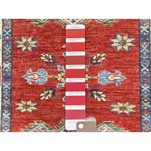 2'10"x11'7" Fire Brick, Afghan Super Kazak With Geometric Medallions Natural Dyes, Dense Weave, Extra Soft Wool, Hand Knotted, Runner Oriental Rug FWR497430