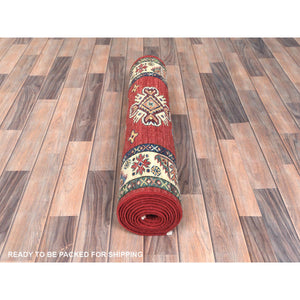 2'10"x11'7" Fire Brick, Afghan Super Kazak With Geometric Medallions Natural Dyes, Dense Weave, Extra Soft Wool, Hand Knotted, Runner Oriental Rug FWR497430