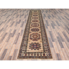 Load image into Gallery viewer, 3&#39;x13&#39;6&quot; Tortilla Brown, Hand Knotted Afghan Super Kazak With Geometric Medallions Design, Natural Dyes Dense Weave, Extra Soft Wool, Runner Oriental Rug FWR497466