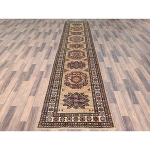 3'x13'6" Tortilla Brown, Hand Knotted Afghan Super Kazak With Geometric Medallions Design, Natural Dyes Dense Weave, Extra Soft Wool, Runner Oriental Rug FWR497466
