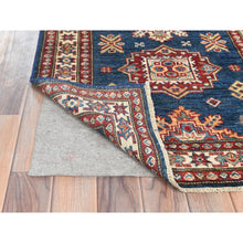 Load image into Gallery viewer, 2&#39;10&quot;x13&#39;8&quot; Navy Blue, Afghan Super Kazak With Geometric Medallions Design, Natural Dyes, Densely Woven, Natural Wool, Hand Knotted, Runner Oriental Rug FWR497472
