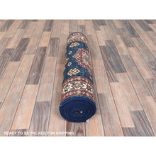 Load image into Gallery viewer, 2&#39;10&quot;x13&#39;8&quot; Navy Blue, Afghan Super Kazak With Geometric Medallions Design, Natural Dyes, Densely Woven, Natural Wool, Hand Knotted, Runner Oriental Rug FWR497472