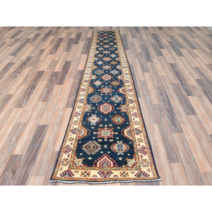 3'x18'6" Yale Blue, Soft Wool Hand Knotted, Special Kazak With Geometric Pattern Natural Dyes, Xl Runner Oriental Rug FWR497676