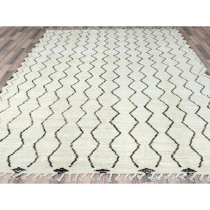 8'2"x10'5" Ivory, Moroccan Berber Influence With Zigzag Design, Natural Dyes, Pure Wool, Hand Knotted, Oriental Rug FWR497886