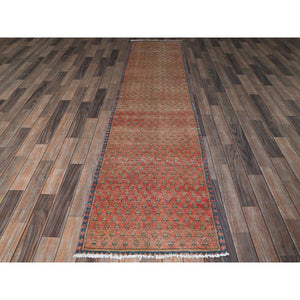 2'3"x9' Blush Red, Repetitive Boteh Design With Distinct Abrash, Vintage Persian Tabriz, Shaved Down, Zero Pile, Sides And Ends Professionally Secured, Hand Knotted, 100% Wool, Narrow Runner, Oriental Rug FWR4974