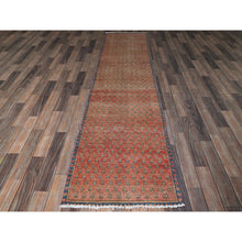 Load image into Gallery viewer, 2&#39;3&quot;x9&#39; Blush Red, Repetitive Boteh Design With Distinct Abrash, Vintage Persian Tabriz, Shaved Down, Zero Pile, Sides And Ends Professionally Secured, Hand Knotted, 100% Wool, Narrow Runner, Oriental Rug FWR4974