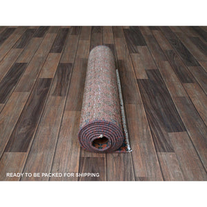 2'3"x9' Blush Red, Repetitive Boteh Design With Distinct Abrash, Vintage Persian Tabriz, Shaved Down, Zero Pile, Sides And Ends Professionally Secured, Hand Knotted, 100% Wool, Narrow Runner, Oriental Rug FWR4974