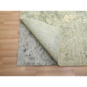 8'x10'1" Sage Green With Yellow, Abstract With Galaxy Design, Persian Knot, 100% Wool, Hand Knotted, Densely Woven, Oriental Rug FWR498762