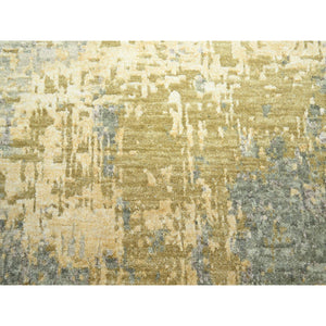8'x10'1" Sage Green With Yellow, Abstract With Galaxy Design, Persian Knot, 100% Wool, Hand Knotted, Densely Woven, Oriental Rug FWR498762