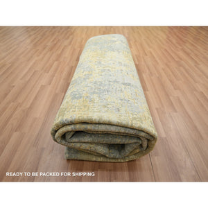 8'x10'1" Sage Green With Yellow, Abstract With Galaxy Design, Persian Knot, 100% Wool, Hand Knotted, Densely Woven, Oriental Rug FWR498762