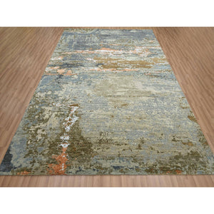 8'1"x10'5" Laurel Green with Aegean Blue, Persian Knot, Abstract with Galaxy Design, Densely Woven, Pure Wool, Hand Knotted, Oriental Rug FWR498792
