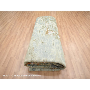 8'1"x10'5" Laurel Green with Aegean Blue, Persian Knot, Abstract with Galaxy Design, Densely Woven, Pure Wool, Hand Knotted, Oriental Rug FWR498792