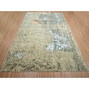 7'10"x10'2" Beige With Green, Pure Wool, Abstract With Galaxy Design, Persian Knot, Hand Knotted, Densely Woven, Oriental Rug FWR498804