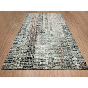 8'x10'3" Onyx Black with Beige, Abstract with Galaxy Design, Persian Knot, Densely Woven, 100% Wool, Hand Knotted, Oriental Rug FWR498810