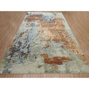 9'x12'2" Beige with Rust, Pure Wool, Abstract with Galaxy Design, Persian Knot, Hand Knotted, Densely Woven, Oriental Rug FWR498876