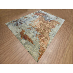 9'x12'2" Beige with Rust, Pure Wool, Abstract with Galaxy Design, Persian Knot, Hand Knotted, Densely Woven, Oriental Rug FWR498876