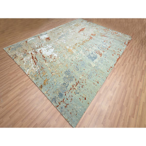 9'x12'3" Pistachio Green With Beige, Persian Knot, Abstract With Galaxy Design, Pure Wool, Hand Knotted, Densely Woven, Oriental Rug FWR498888