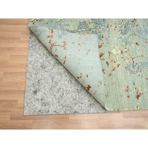 9'x12'3" Pistachio Green With Beige, Persian Knot, Abstract With Galaxy Design, Pure Wool, Hand Knotted, Densely Woven, Oriental Rug FWR498888