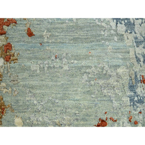 9'x12'3" Pistachio Green With Beige, Persian Knot, Abstract With Galaxy Design, Pure Wool, Hand Knotted, Densely Woven, Oriental Rug FWR498888