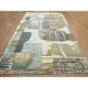 9'x11'9" Charcoal Gray With Brown, Abstract Geometric Pattern, Persian Knot, Hand Knotted, 100% Wool, Densely Woven, Oriental Rug FWR498894