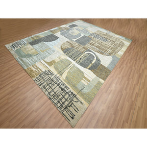 9'x11'9" Charcoal Gray With Brown, Abstract Geometric Pattern, Persian Knot, Hand Knotted, 100% Wool, Densely Woven, Oriental Rug FWR498894
