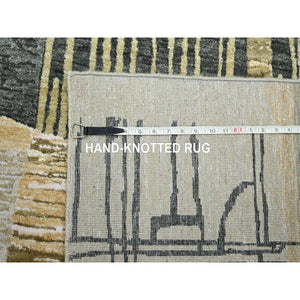 9'x11'9" Charcoal Gray With Brown, Abstract Geometric Pattern, Persian Knot, Hand Knotted, 100% Wool, Densely Woven, Oriental Rug FWR498894