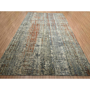 9'x12'3" Beige With Rust Red, Persian Knot, Abstract With Galaxy Design, 100% Wool, Hand Knotted, Densely Woven, Oriental Rug FWR498900