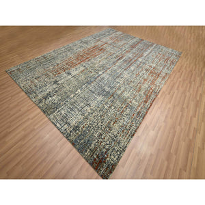 9'x12'3" Beige With Rust Red, Persian Knot, Abstract With Galaxy Design, 100% Wool, Hand Knotted, Densely Woven, Oriental Rug FWR498900