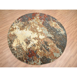 6'2"x6'2" Charcoal Gray with Brown, Persian Knot, Abstract with Galaxy Design, 100% Wool, Hand Knotted, Densely Woven, Round, Oriental Rug FWR498936