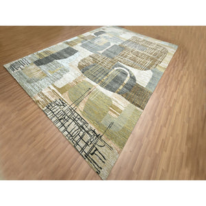 10'x14' Granite Gray With Brown, Hand Knotted, Persian Knot, Abstract Geometric Pattern, 100% Wool, Densely Woven, Oriental Rug FWR498954