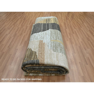 10'x14' Granite Gray With Brown, Hand Knotted, Persian Knot, Abstract Geometric Pattern, 100% Wool, Densely Woven, Oriental Rug FWR498954