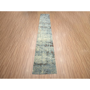 2'6"x12'2" Beige With Mineral Blue, Densely Woven, Abstract With Galaxy Design, Persian Knot, Pure Wool, Hand Knotted, Runner, Oriental Rug FWR499008
