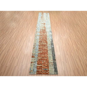 2'7"x11'10" Beige with Rust Orange, Persian Knot, Abstract with Galaxy Design, 100% Wool, Hand Knotted, Densely Woven, Runner, Oriental Rug FWR499014