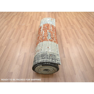 2'7"x11'10" Beige with Rust Orange, Persian Knot, Abstract with Galaxy Design, 100% Wool, Hand Knotted, Densely Woven, Runner, Oriental Rug FWR499014