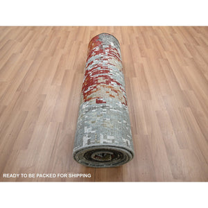 2'6"x12' Spanish Gray with Rust, Hand Knotted, Abstract with Galaxy Design, Persian Knot, Pure Wool, Densely Woven, Runner, Oriental Rug FWR499026