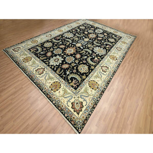 9'x12'5" Caviar Black, Hand Knotted, Colorful Floral Motifs, Agra with Ziegler Design, Pure Wool, Vegetable Dyes, Oriental Rug FWR499182