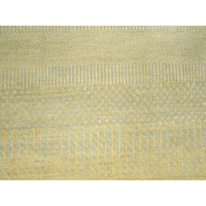 7'10"x7'10" Golden Yellow, Modern Grass Design, Hand Knotted, Wool and Silk, Lush and Plush, Tone on Tone, Denser Weave, Round, Oriental Rug FWR499272
