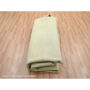 7'10"x7'10" Golden Yellow, Modern Grass Design, Hand Knotted, Wool and Silk, Lush and Plush, Tone on Tone, Denser Weave, Round, Oriental Rug FWR499272