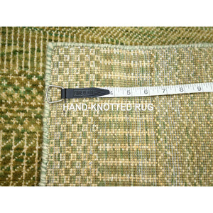 4'x6'1" Amber Green, Wool And Silk, Modern Grass Design, Hand Knotted, Soft Pile, Denser Weave, Tone On Tone, Oriental Rug FWR499302
