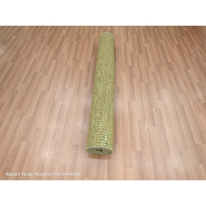 4'x8' Ecru Olive Brown, Modern Grass Design, Hand Knotted, Denser Weave, Wool And Silk, Lush And Plush, Wide Runner, Oriental Rug FWR499308