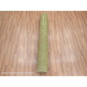 3'10"x8' Honey Brown, Hand Knotted, Modern Grass Design, Denser Weave, Wool And Silk, Soft To The Touch, Runner, Oriental Rug FWR499314
