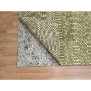 2'5"x13'6" Olive Gray, Denser Weave, Modern Grass Design, Hand Knotted, Wool and Silk, Lush and Plush, Runner, Oriental Rug FWR499320