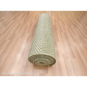 2'5"x13'6" Olive Gray, Denser Weave, Modern Grass Design, Hand Knotted, Wool and Silk, Lush and Plush, Runner, Oriental Rug FWR499320